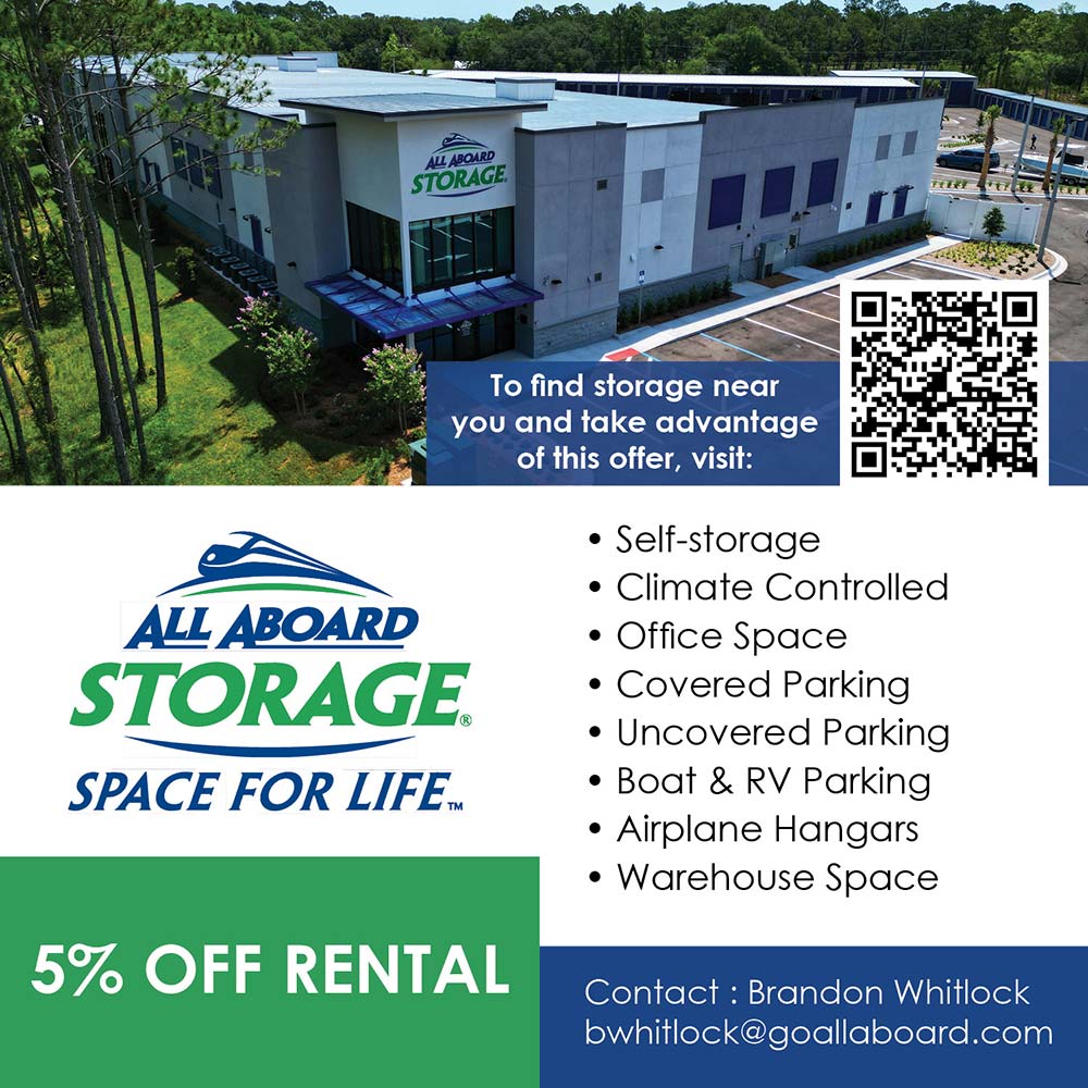 All Aboard Storage - 5% OFF RENTAL
(Can be combined with additional offers!)<br>• Self-storage
• Climate Controlled
• Office Space
• Covered Parking
• Uncovered Parking
• Boat & RV Parking
• Airplane Hangars
• Warehouse Space<br>Contact : Brandon Whitlock
bwhitlock@goallaboard.com